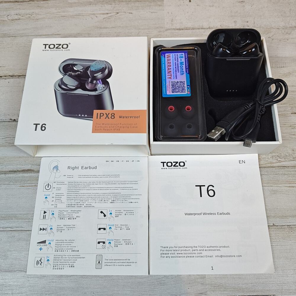 TOZO T6 True Wireless Waterproof Earbuds Bluetooth Touch Control Black IPX8